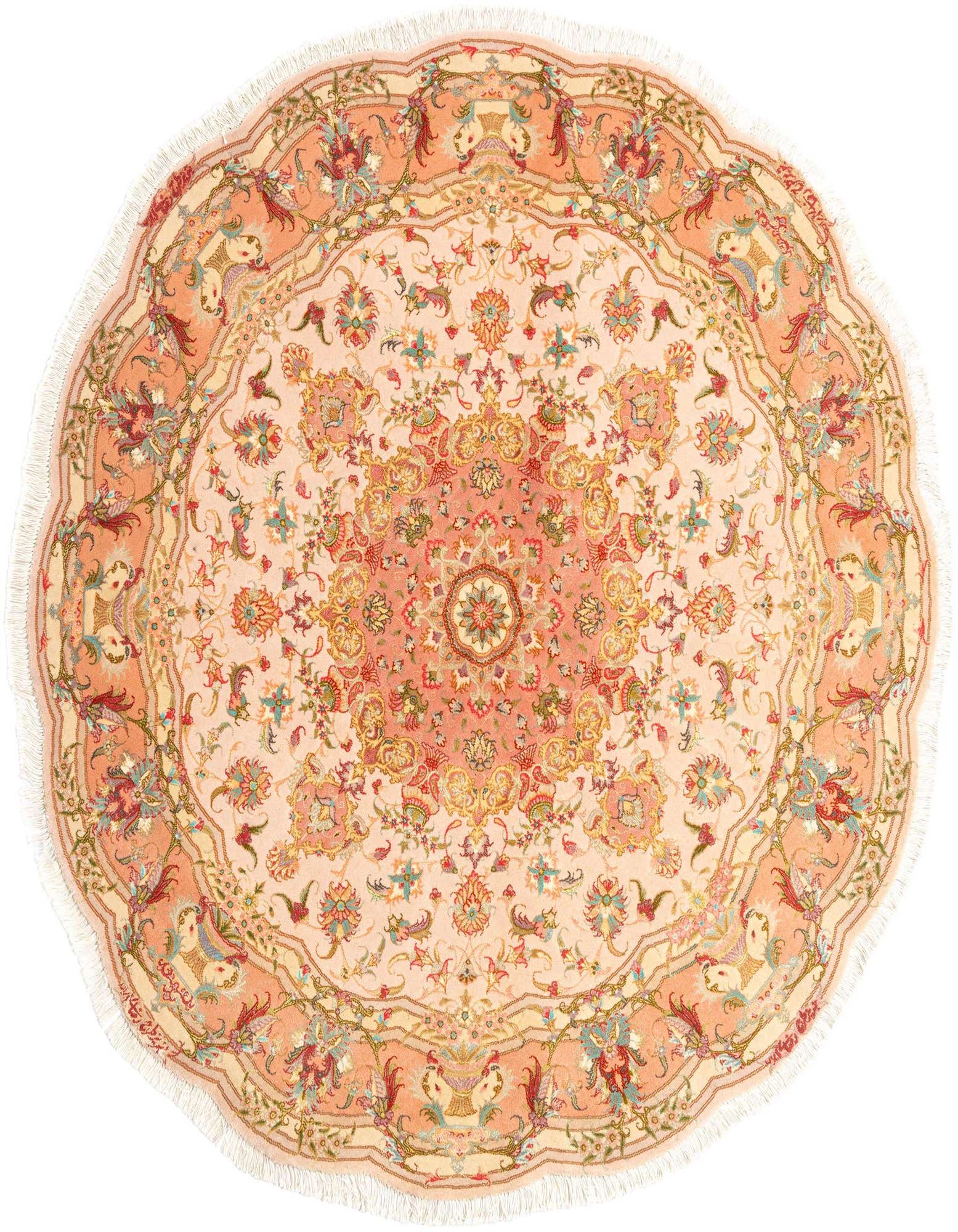 A 4' 11 round Persian rug featuring an intricate floral medallion pattern in ivory, cream, and peach tones with delicate fringe.