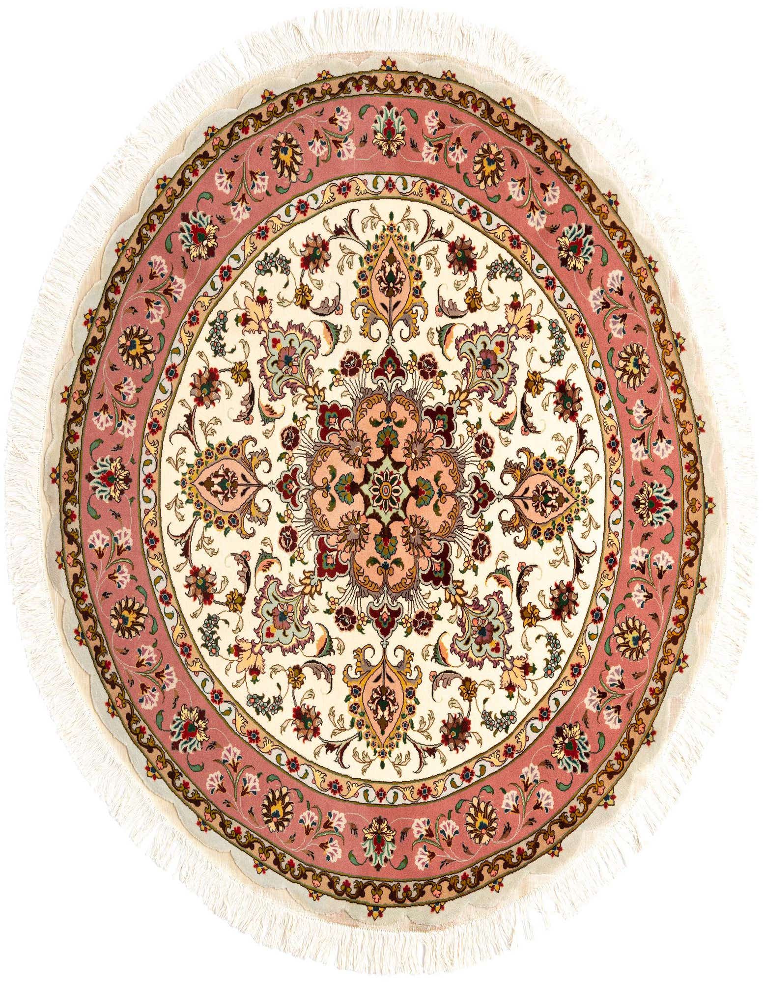 A round 4' 11" ivory and cream Persian rug with a detailed floral medallion and a wide pink border, featuring fringe.