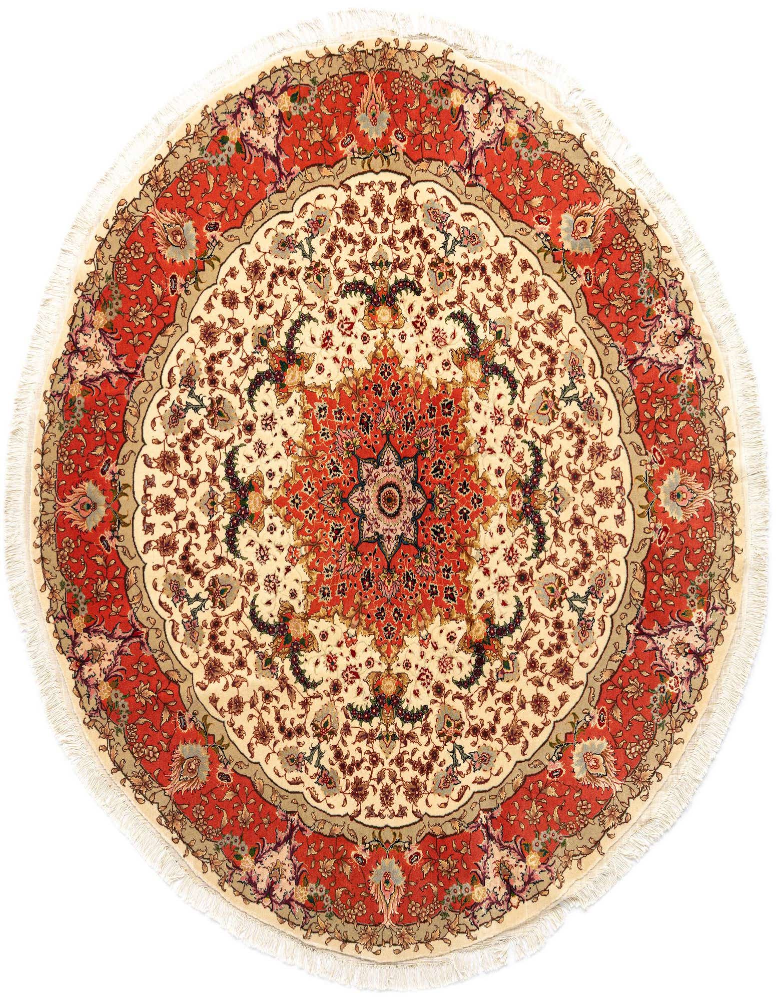 A round 6' 9 x 6' 10 Persian rug featuring a central medallion and intricate floral patterns in ivory, cream, and red tones, with fringe.