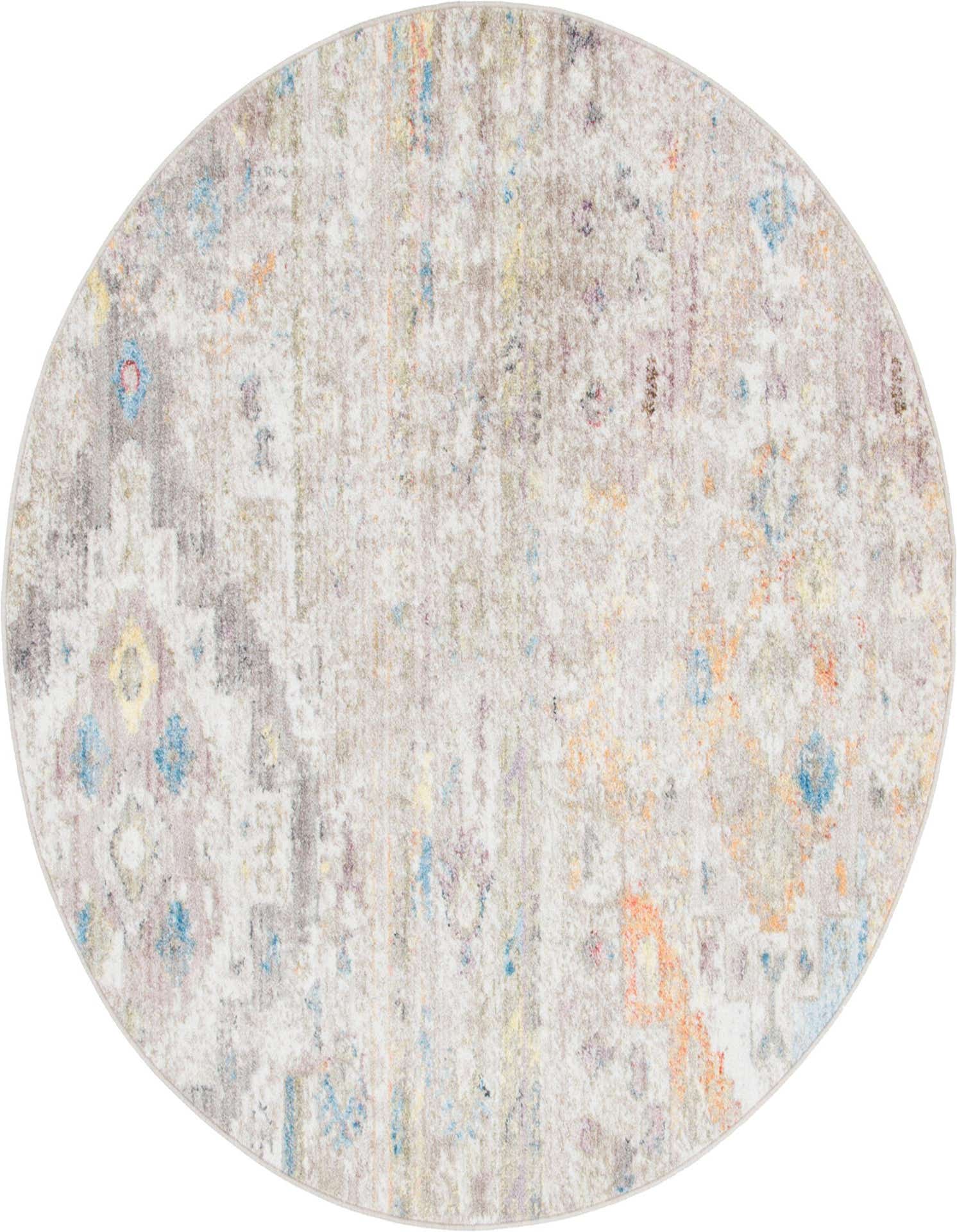 A 5' round ivory rug with a distressed vintage Southwestern and tribal pattern in muted blues, oranges, and yellows.