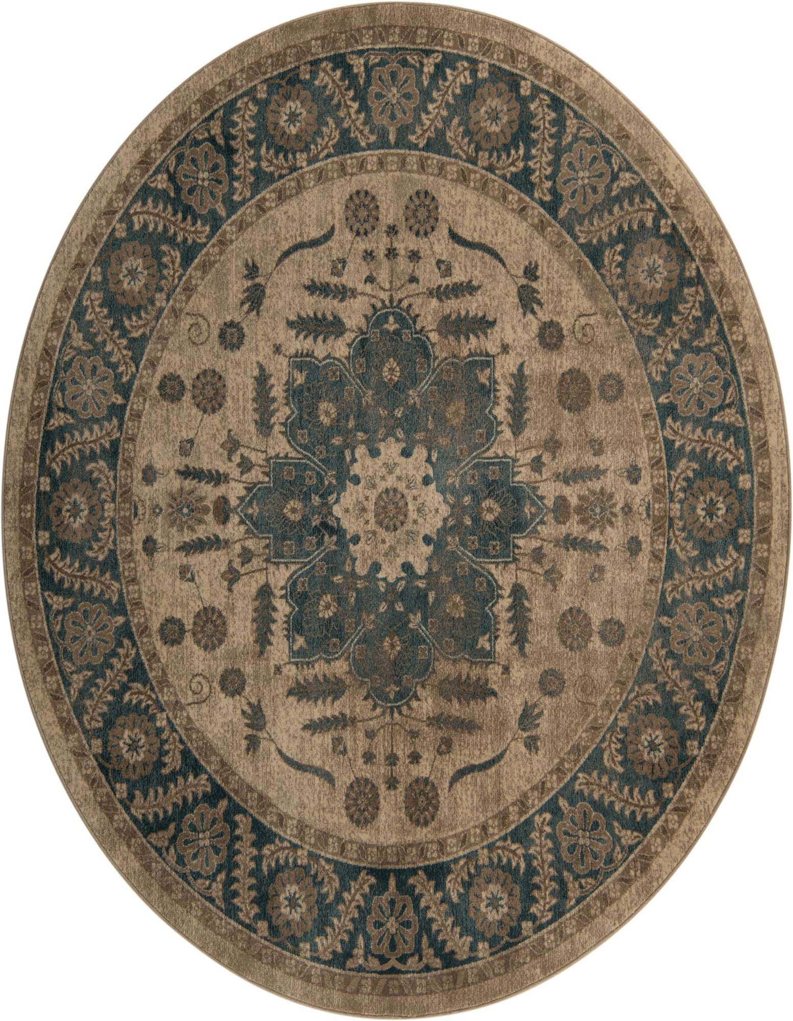 A round 8' 0 x 8' 0 ivory and teal traditional medallion rug with a floral border.