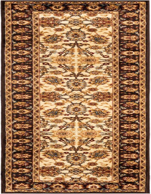 A 10 ft ivory runner rug with a traditional oriental floral pattern and a dark brown border, ideal for a hallway.
