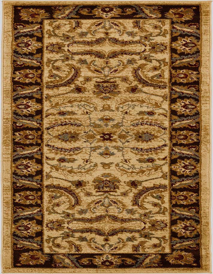 A 6 ft runner rug featuring a traditional botanical pattern in ivories, creams, and deep browns, ideal for a hallway or kitchen.