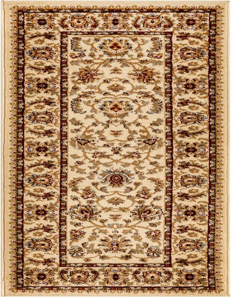 A 5 ft ivory runner rug with a traditional floral and oriental pattern in shades of cream, brown, and blue.