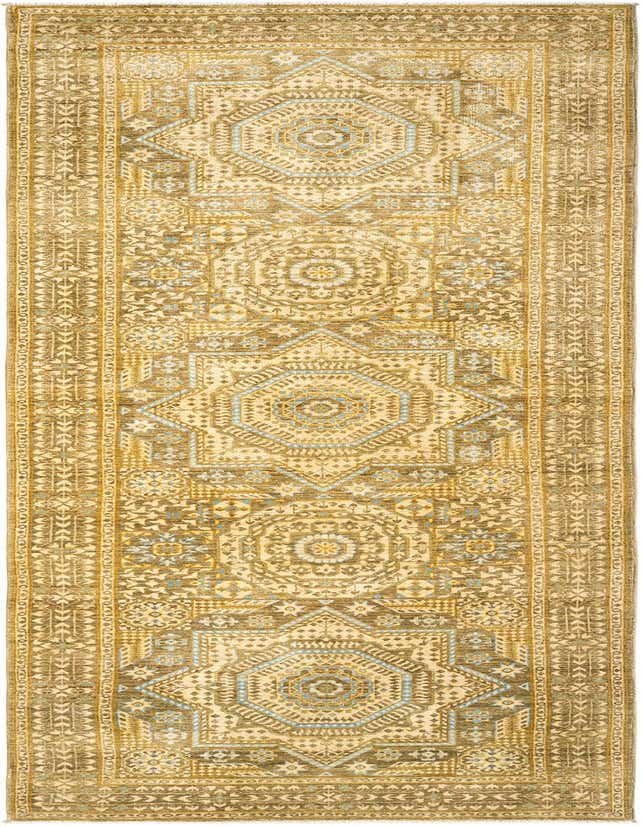 A 10 ft runner rug from the Amina collection, featuring a traditional Persian pattern in ivories, creams, and earthy tones with subtle blue accents.