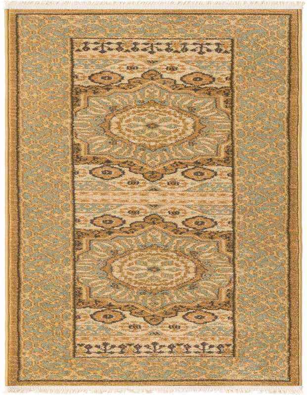 A 6 ft runner rug with a traditional medallion pattern in ivories, creams, and light blue, perfect for a hallway.