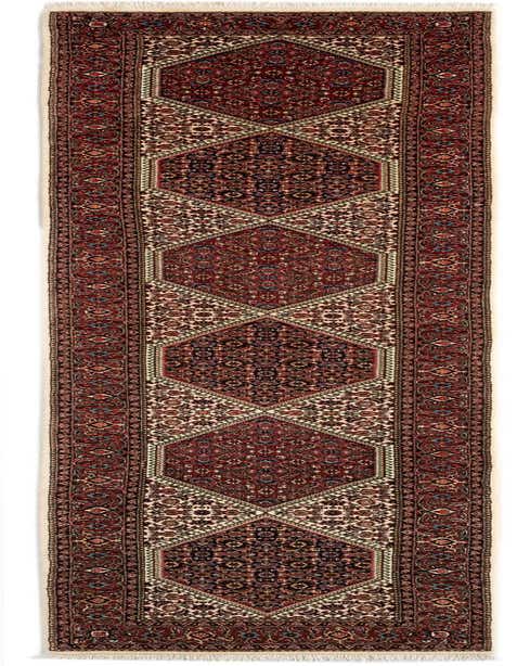 A 12 ft runner rug with a traditional Persian pattern in shades of ivory, cream, and deep red, featuring intricate floral and geometric motifs, ideal for a hallway.