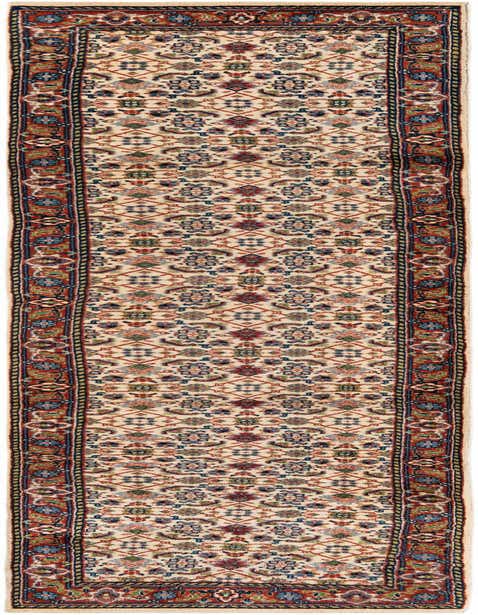 An 11 ft ivory runner rug with a traditional Oriental pattern, featuring intricate floral and geometric motifs in blue, red, and green, bordered by a rich red band.