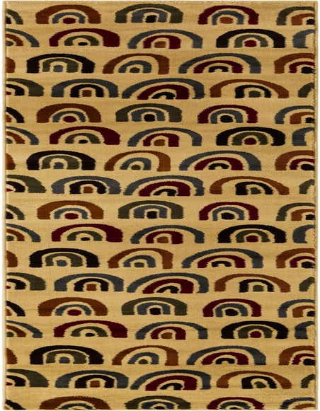 A 12 ft runner rug from the Cafe Collection, featuring a modern pattern of repeating multi-colored arches on an ivory background.