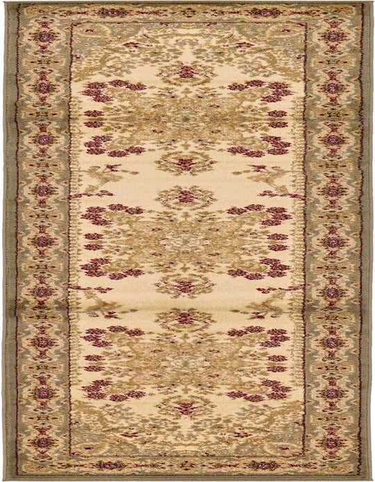 A 10 ft Chateau runner rug in ivory and cream with a traditional botanical pattern and sage green border, ideal for hallways.