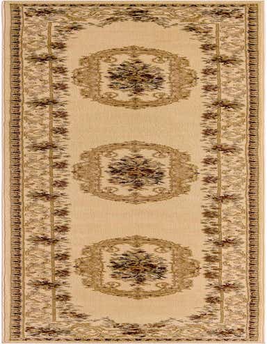 A 13 ft runner rug in ivories and creams with a traditional medallion pattern, ideal for hallways.