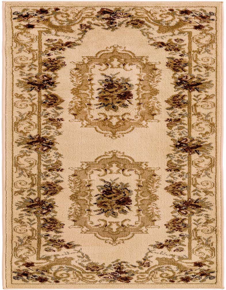 A 5 ft runner rug in ivory and cream with a traditional medallion pattern and floral border.