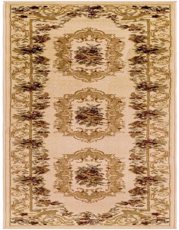 A 7 ft ivory runner rug with a traditional medallion pattern featuring floral accents in brown, green, and gold.