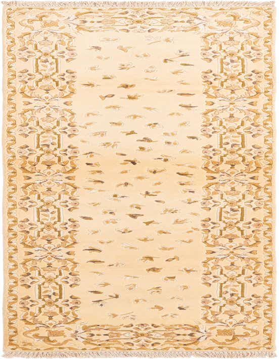A 10 ft Darya runner rug in ivory and cream, featuring a modern oriental pattern with scattered leaf motifs and a detailed border, perfect for a hallway.