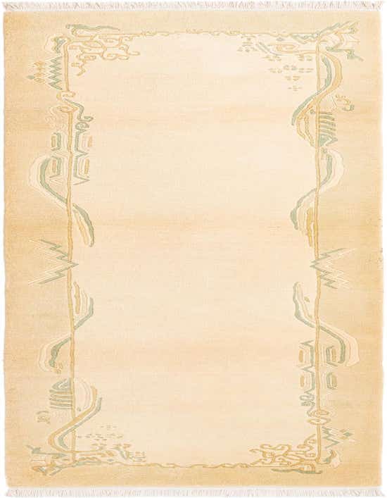 A 10 ft Darya runner rug in ivory with a modern Oriental border design in cream, sage green, and gold.