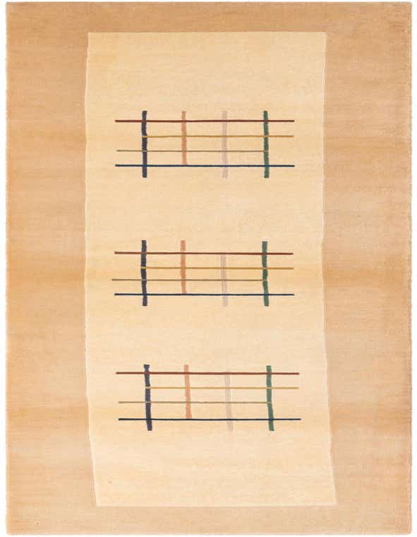 A 9 ft Darya runner rug in ivory with a modern grid pattern in brown, blue, green, and beige, perfect for a hallway.