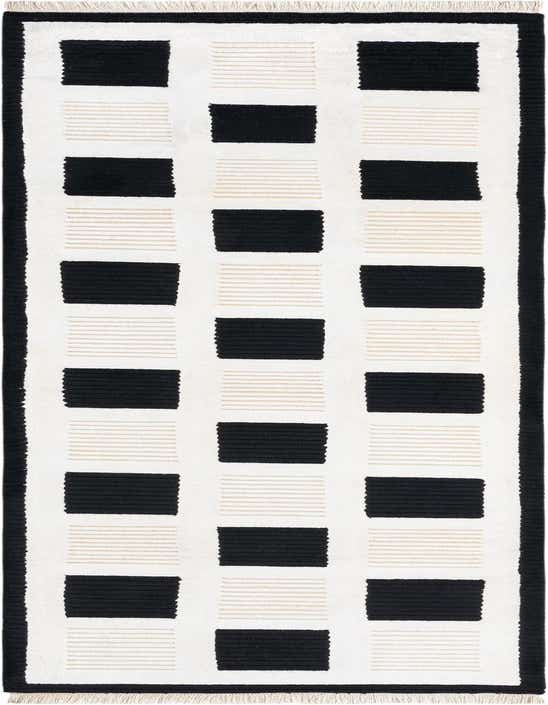 A 10 ft runner rug with a modern Persian pattern in ivory and black, featuring alternating solid black squares and ivory squares with horizontal beige lines, framed by a black border and fringe.