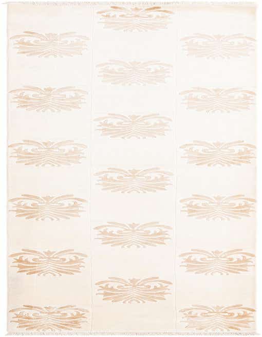 A 13 ft ivory runner rug with a modern Persian pattern of alternating cream damask motifs and striped squares, ideal for a hallway.