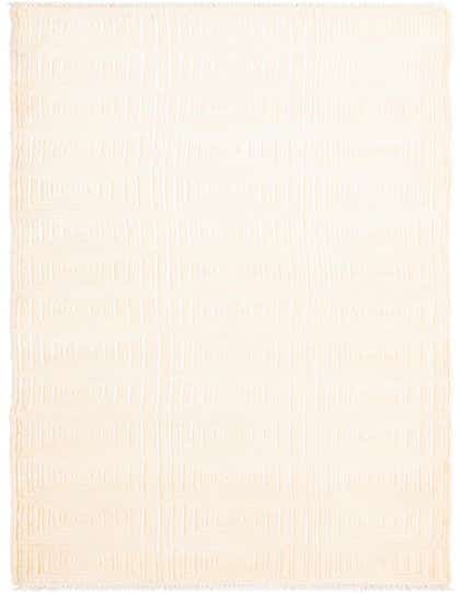 A 13 ft Darya runner rug in ivory and cream with a modern Persian geometric square pattern and fringe.