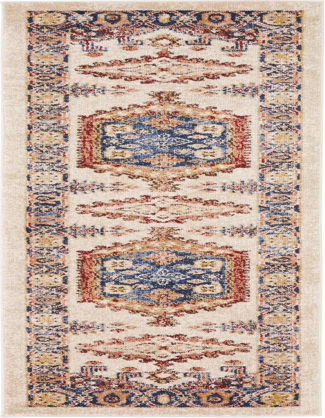 A 6 ft runner rug with an ivory background, featuring a distressed bohemian medallion pattern in blue, red, and gold.