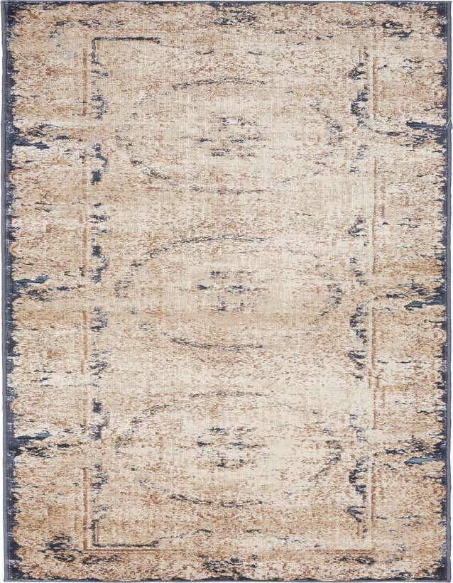 A 7 ft runner rug in ivory and cream with a distressed traditional medallion pattern and dark blue border, ideal for a hallway.