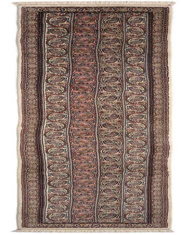 A 13 ft Ghom Persian runner rug with an ivory background and intricate paisley patterns in muted reds, blues, and creams, perfect for a hallway.
