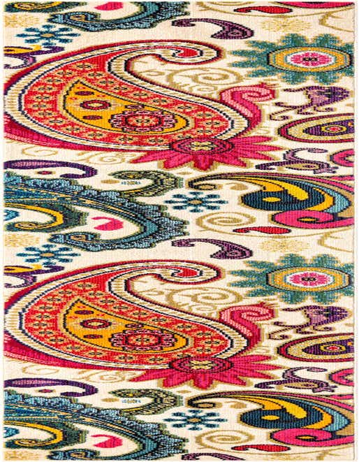 A 10 ft runner rug with a vibrant ivory background, featuring large, colorful botanical paisley and floral patterns in red, teal, yellow, and fuchsia.