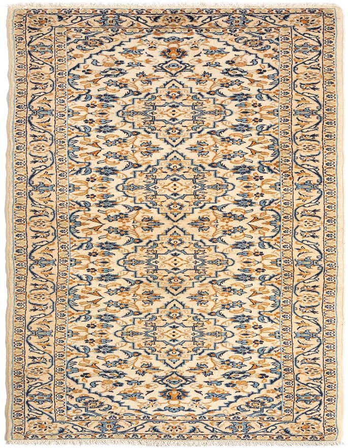 A 10 ft runner rug in ivory with a traditional Persian pattern featuring blue and gold floral motifs, perfect for a hallway.
