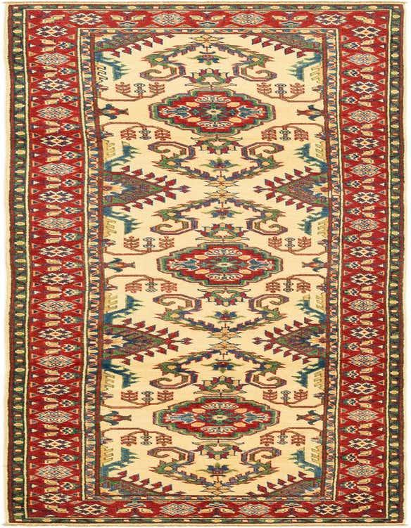 A 10 ft runner rug with a cream background and a traditional tribal pattern in red, blue, green, and gold, ideal for a hallway.