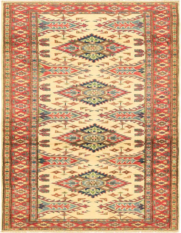 A 10 ft runner rug with an ivory background, featuring traditional tribal patterns in red, blue, and green, perfect for a hallway.