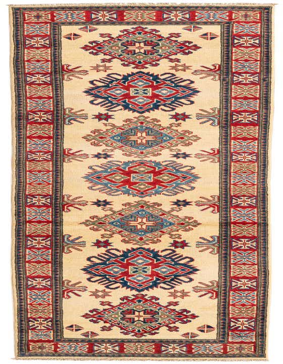 A 10 ft runner rug from the Rugs.com Kazak collection, featuring traditional Southwestern and Oriental patterns in ivories, creams, red, and blue.