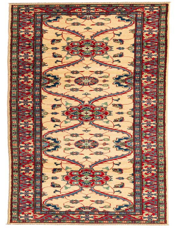 A 10 Ft runner rug from the Rugs.com Kazak collection, featuring a cream background with intricate red, blue, and green traditional floral and medallion patterns, ideal for a hallway.