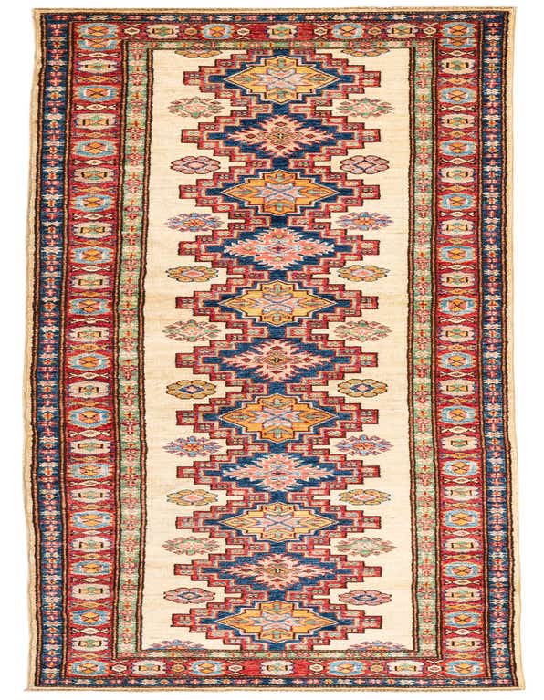 A 10 ft runner rug in ivory with a traditional tribal pattern featuring bold red, blue, and yellow geometric motifs, perfect for a hallway.