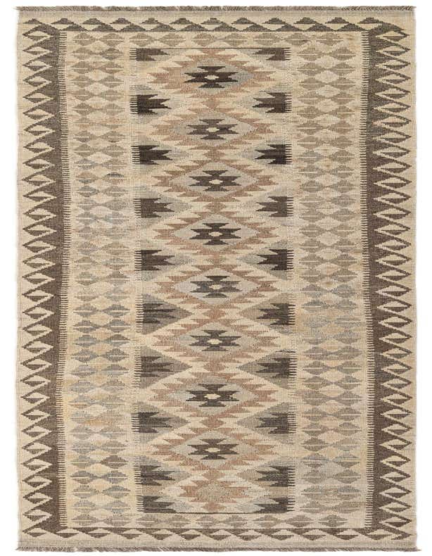 A 10 Ft Runner Kilim Maymana rug, featuring a tribal geometric pattern in ivories, creams, and earthy brown tones.