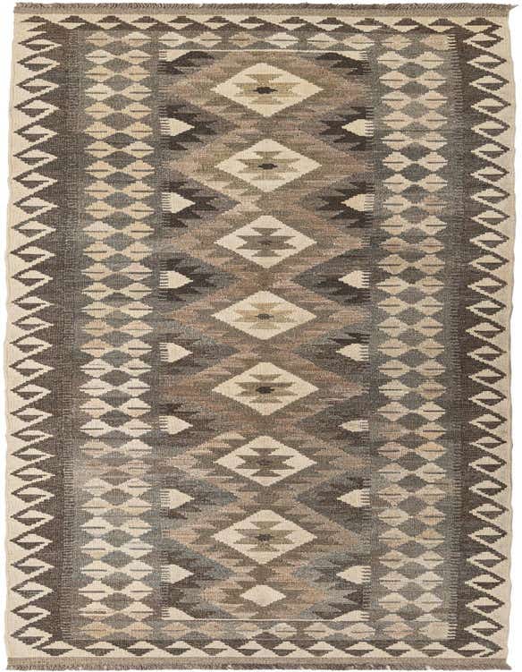 A 10 ft runner rug in a Kilim Maymana tribal pattern, featuring shades of ivory, cream, and brown geometric designs.