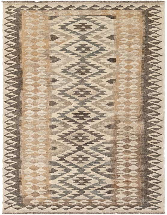 A 10 Ft runner rug, Kilim Maymana, featuring an Oriental tribal pattern in ivories, creams, and warm browns, suitable for a hallway.