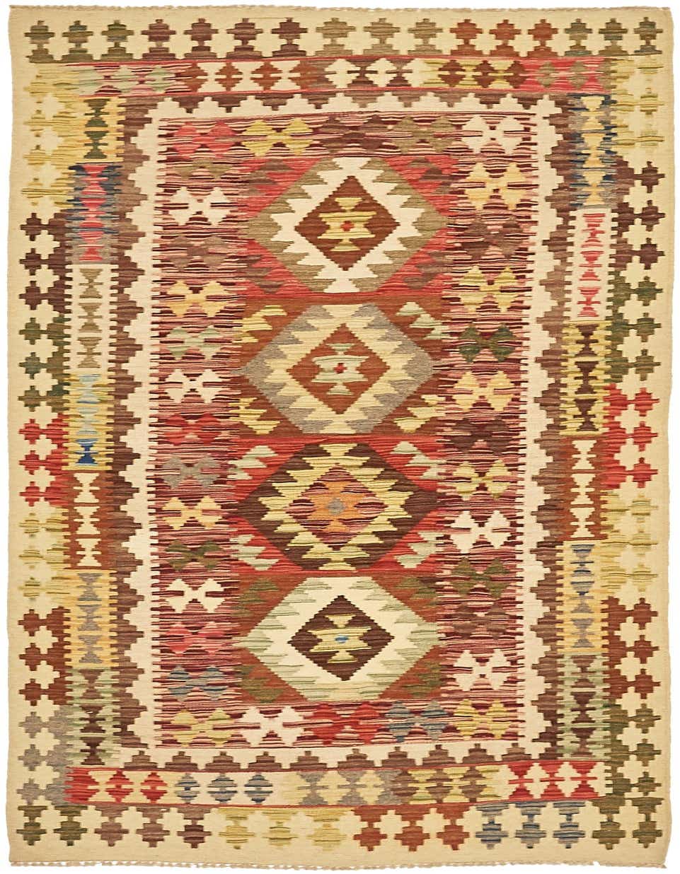 A 6 ft runner rug featuring a Southwestern and Tribal design with large diamond motifs in shades of brown, red, green, and blue on an ivory background.