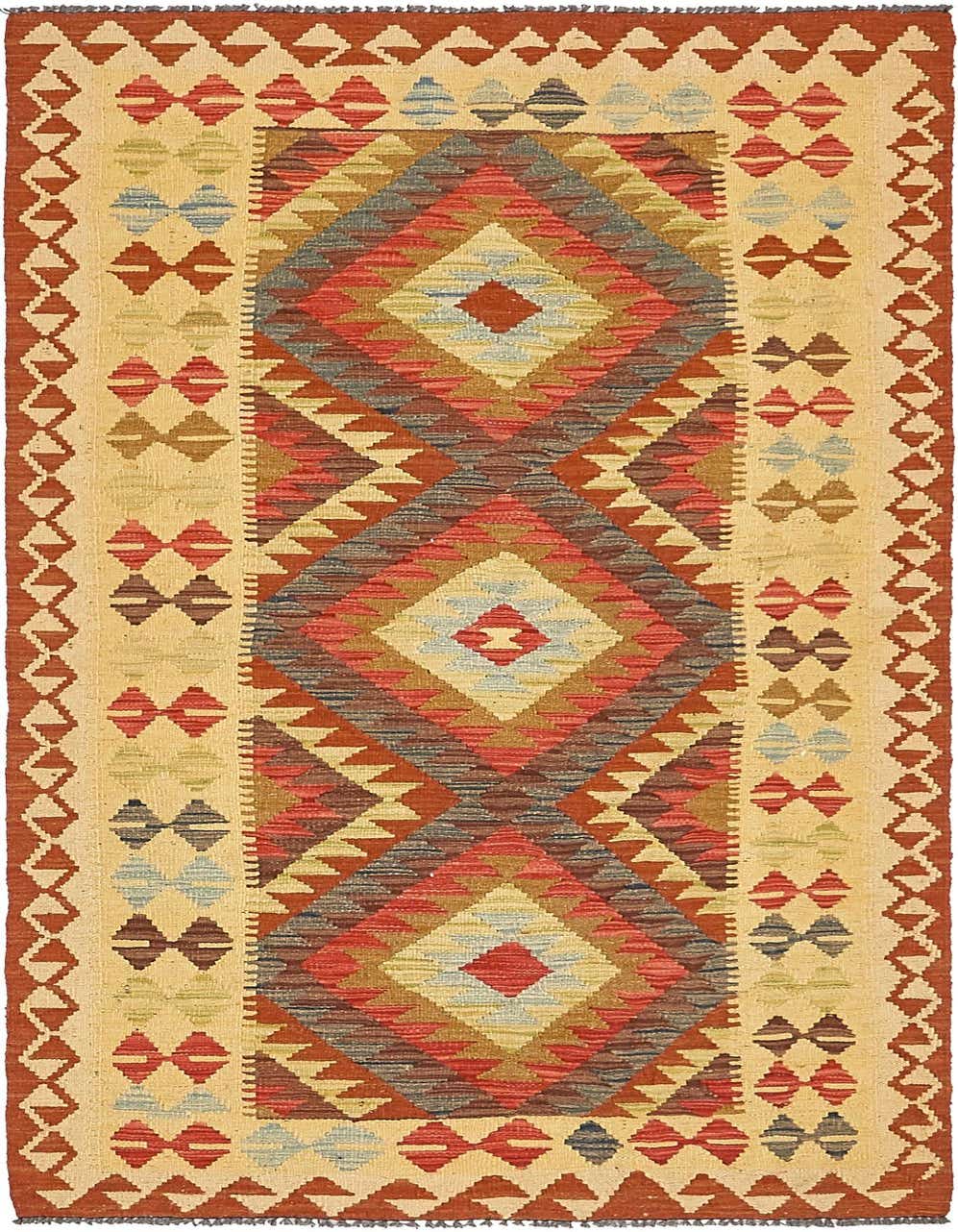A 7 ft Kilim Maymana runner rug featuring a tribal medallion pattern in ivories, creams, reds, and blues.
