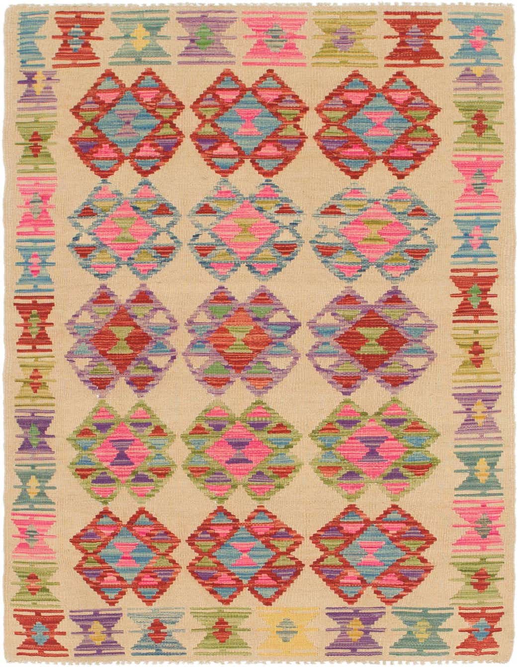 A 6 ft runner rug with an ivory background, featuring colorful geometric tribal patterns in pink, blue, red, green, and purple.