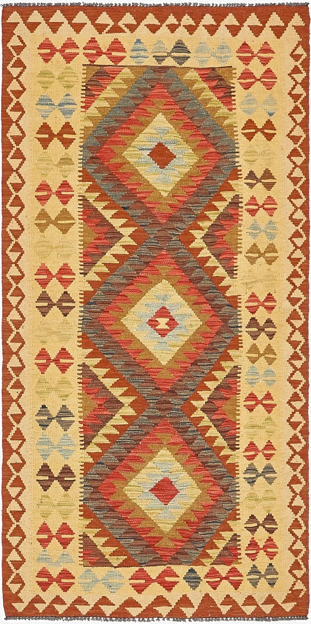  3' 2 x 6' 7  Hand Woven Kilim Maymana Wool Runner Rug