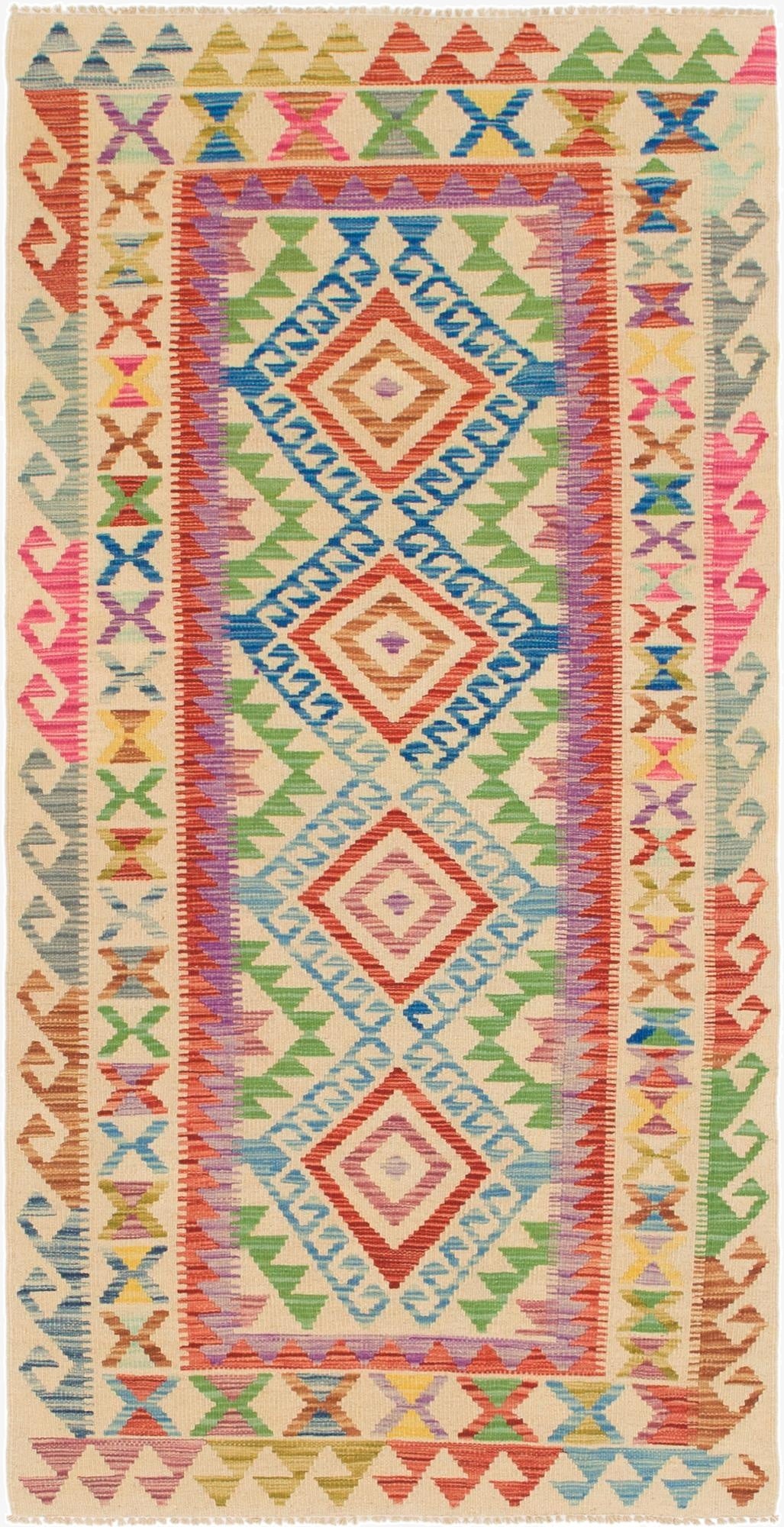  3' 4 x 6' 7  Hand Woven Kilim Maymana Wool Runner Rug