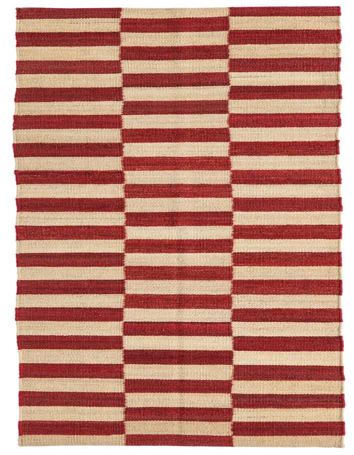 A flatweave 8 Ft Runner rug from the Kilim Modern collection, featuring alternating horizontal stripes of ivory and red, perfect for a hallway or kitchen.