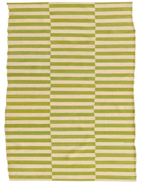 A 10 ft runner rug featuring a modern tribal pattern of alternating horizontal stripes in ivory and lime green.
