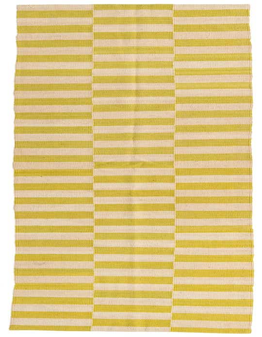 A 10 ft runner rug in a modern tribal pattern with alternating horizontal stripes of ivory and lime green.