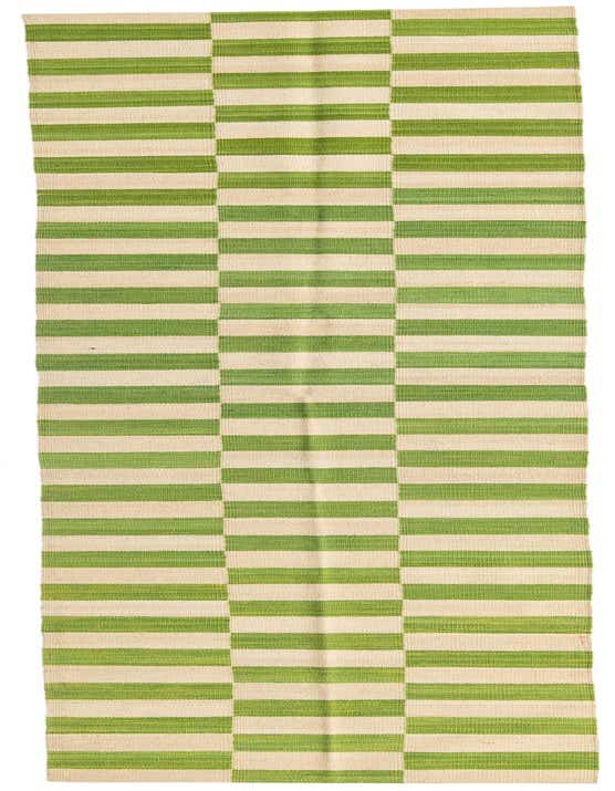 A 10 ft runner rug with a modern tribal pattern of alternating ivory and green horizontal stripes.