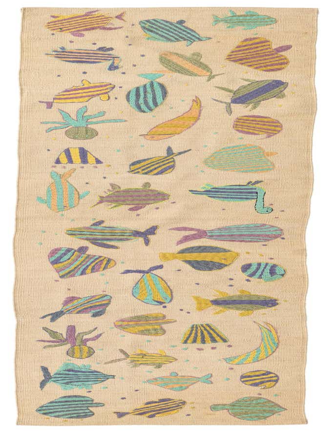 An 8 ft Kilim Suzani runner rug with a cream background and colorful tribal fish and plant motifs in teal, yellow, purple, and orange.