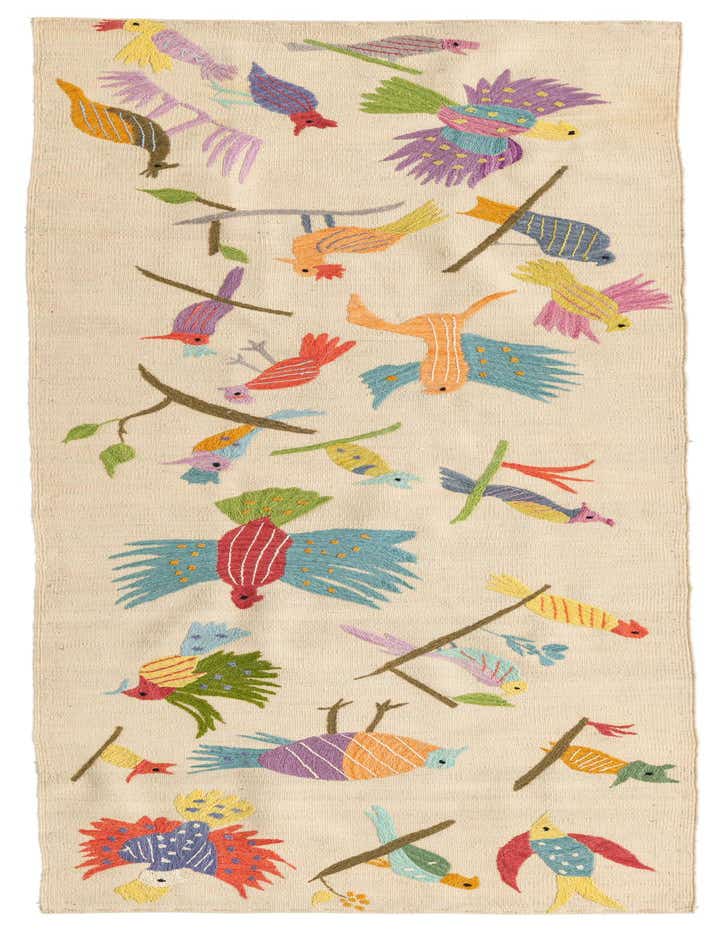 An 8 ft Kilim Suzani runner rug with a cream background and colorful tribal bird and branch patterns.