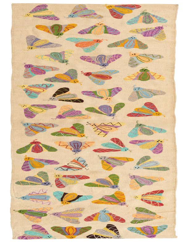 A 10 ft runner rug with a cream background, featuring colorful, stylized moth patterns in various hues like purple, orange, blue, and green, perfect for a hallway.