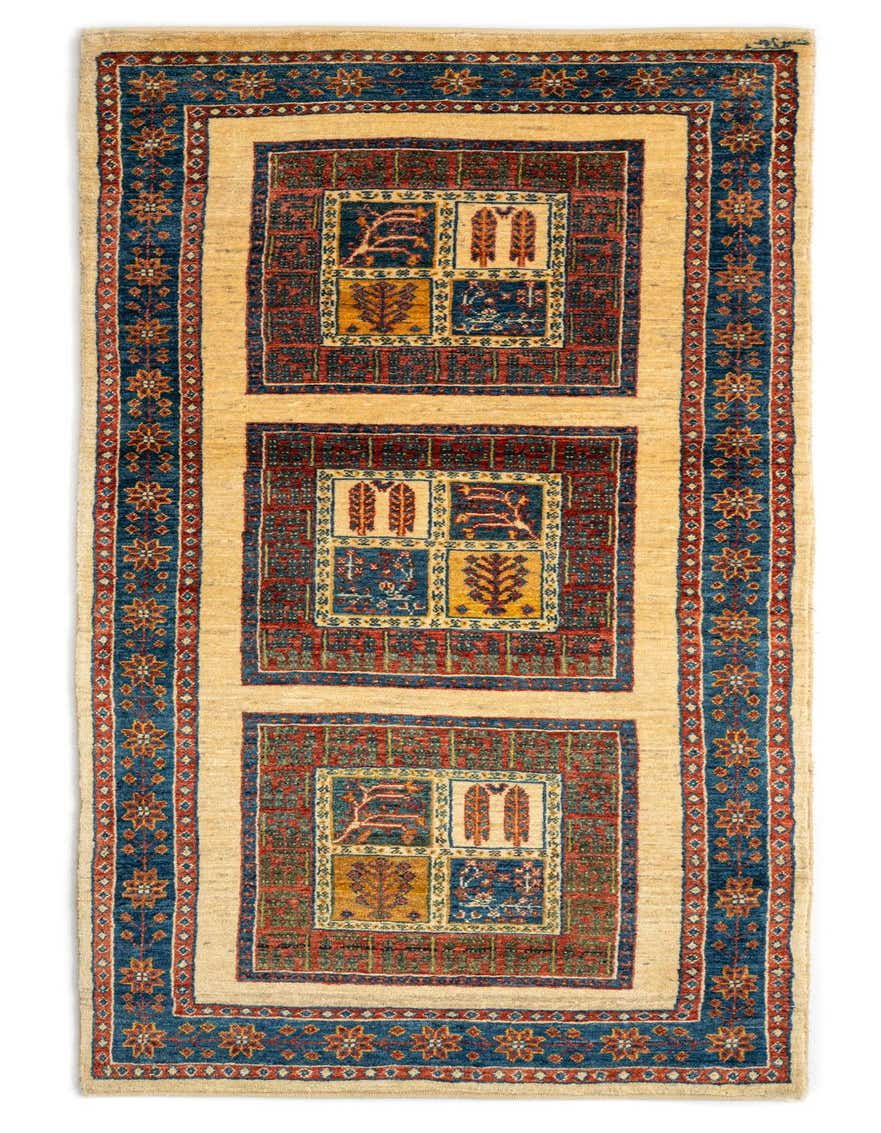 A 7 ft runner rug with an ivory field, blue border, and three central Persian medallion patterns.