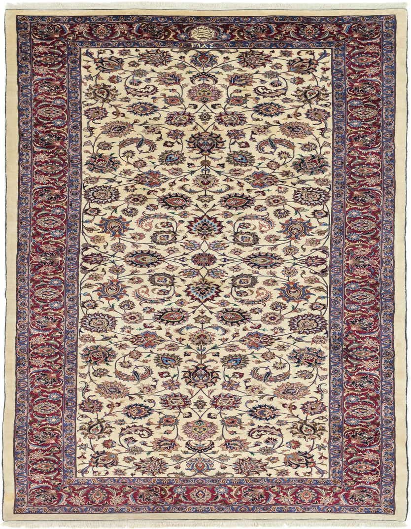 A 14 ft ivory runner rug with a traditional Persian floral pattern in red and blue, ideal for a hallway.